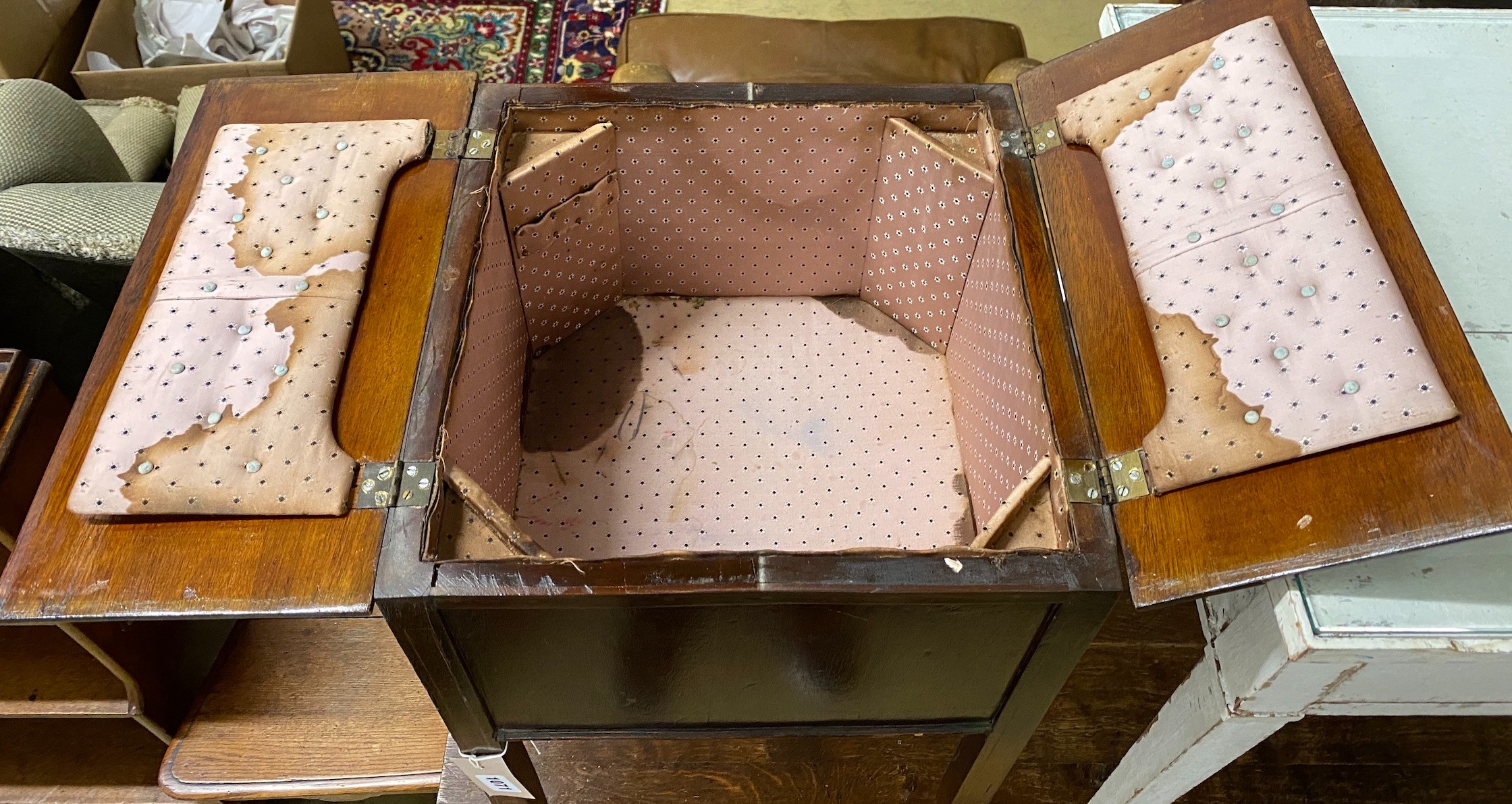 An Edwardian inlaid mahogany work box, width 38cm, height 71cm